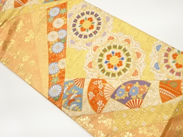 華文に菊・紅葉・扇模様織出し袋帯